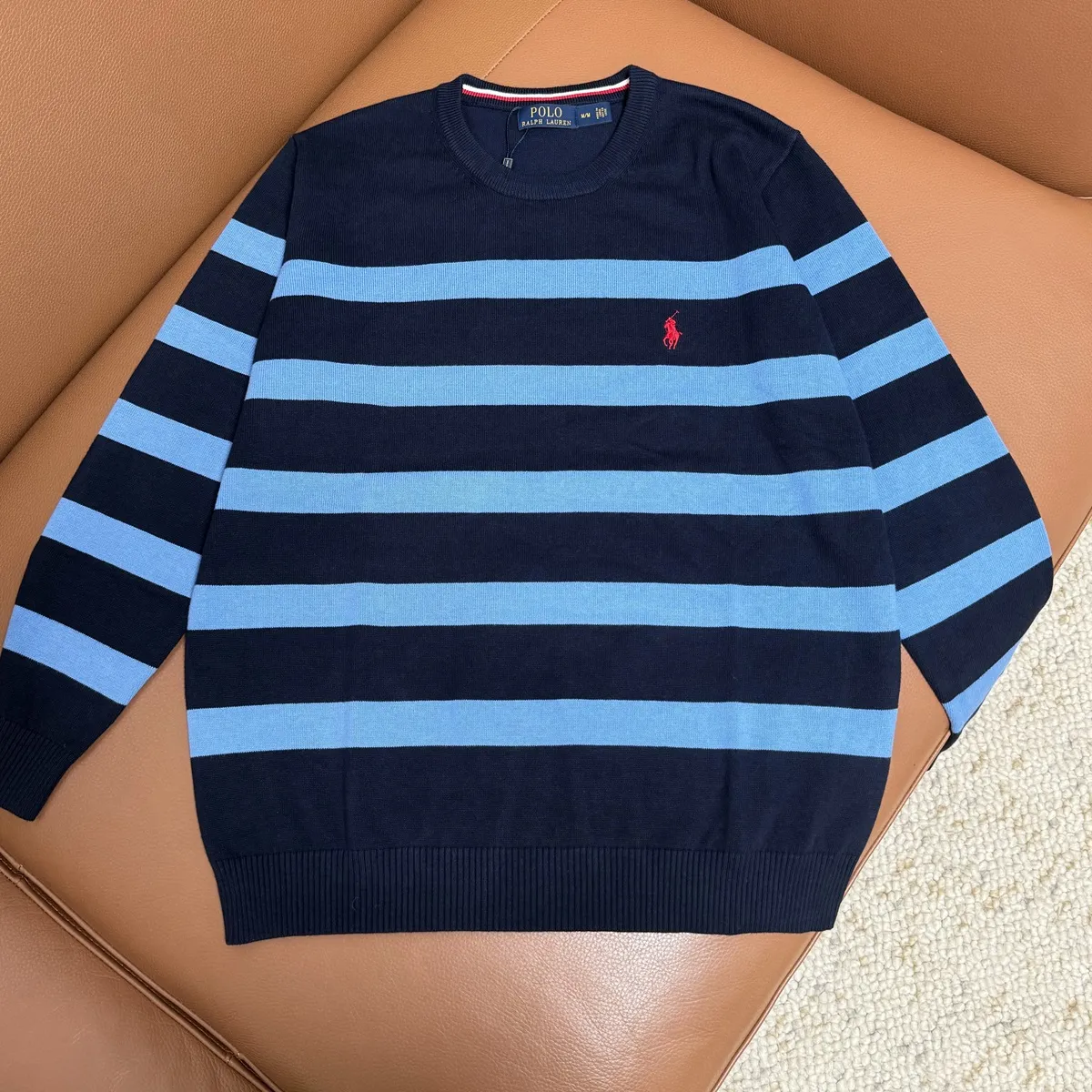 P200 M201#Ralph Lauren pony embroidered striped crew neck sweater Color: royal blue/white stripes, white/royal blue stripes, royal blue/color blue stripes Size: M-XXL